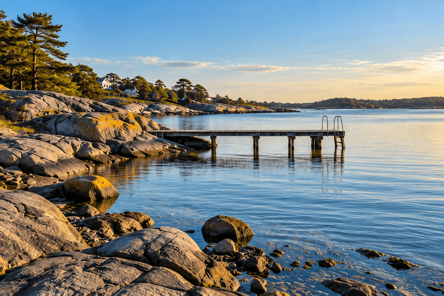 Generert bilde. Svaberg med en liten brygge