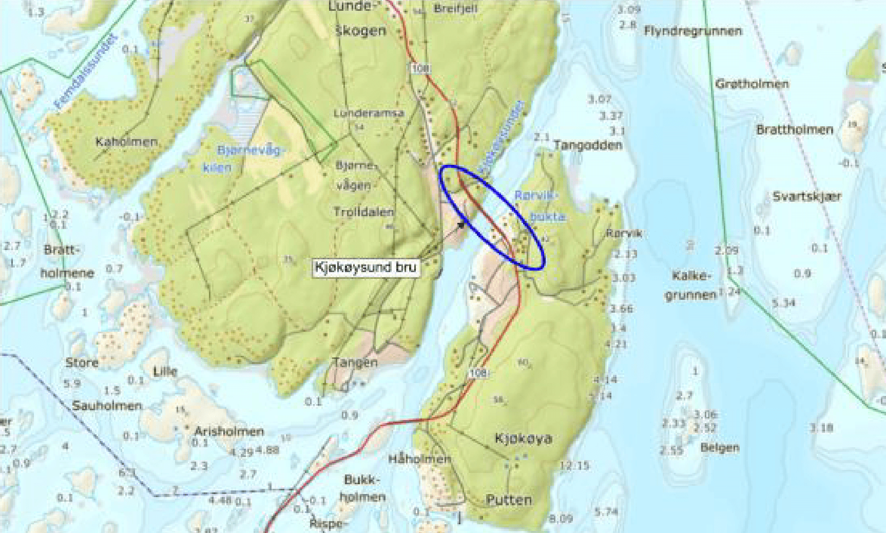 Kart over Kjøkøysund med fv. 108 i rødt mellom Kråkerøy og Kjøkøya. En blå ellipse markerer området for ny bru.