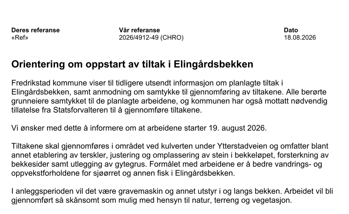 Utsnitt av Fredrikstad kommunes brev «Orientering om oppstart av tiltak i Elingårdsbekken», datert 18. august 2026.