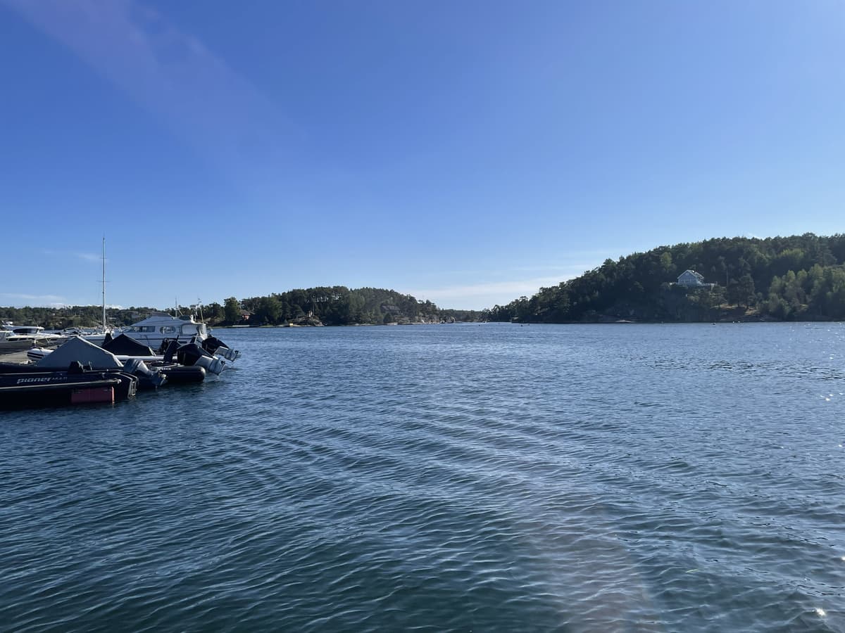 Hankøsundet sett sørover fra Hankø marina, med fortøyde båter til venstre og sundet som smalner mellom skogkledde odder.