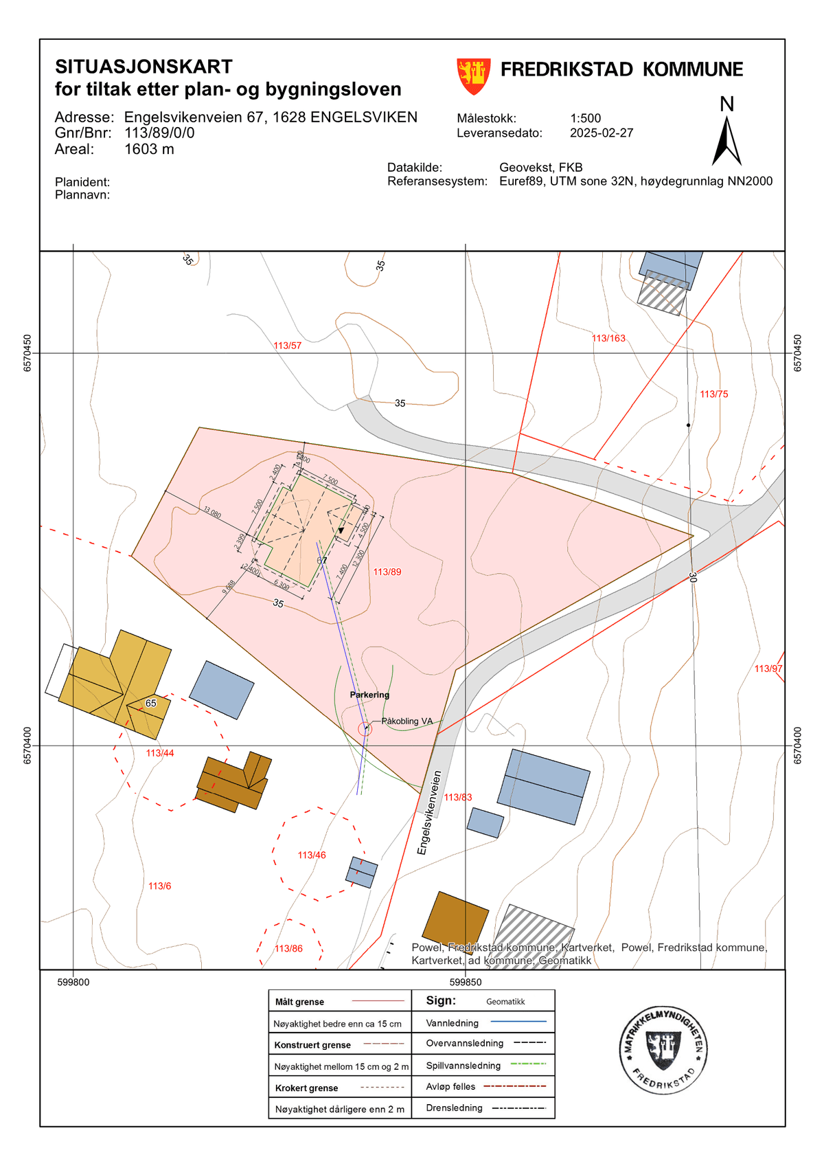 Situasjonskart fra Fredrikstad kommune for Engelsvikenveien 67, gnr./bnr. 113/89, der tomta er markert med rosa og den omsøkte bygningen er tegnet inn.