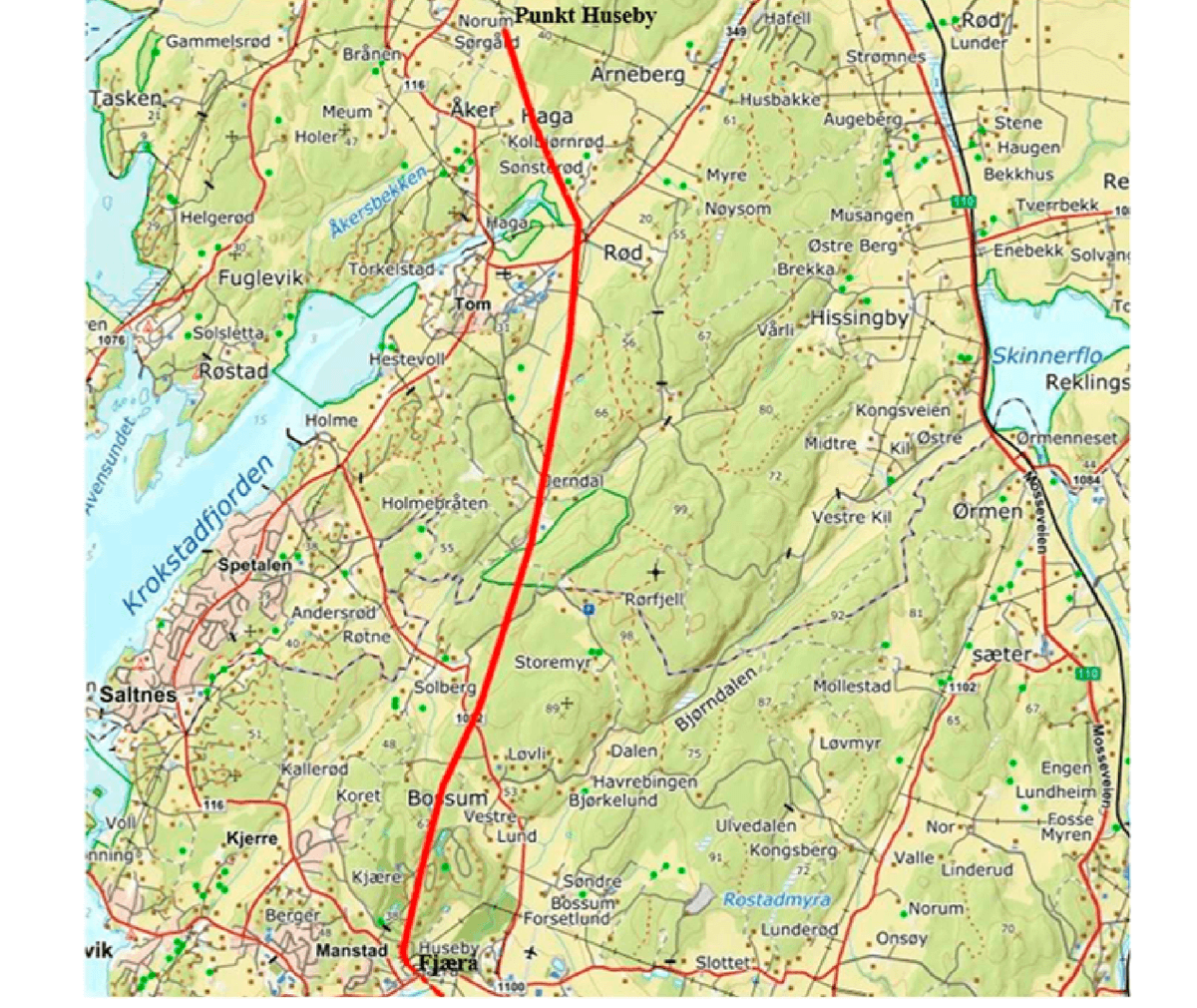 Kart som viser konsesjonssøkt trasé for ny 132 kV kraftledning mellom Punkt Huseby og Fjæra, markert med rød strek