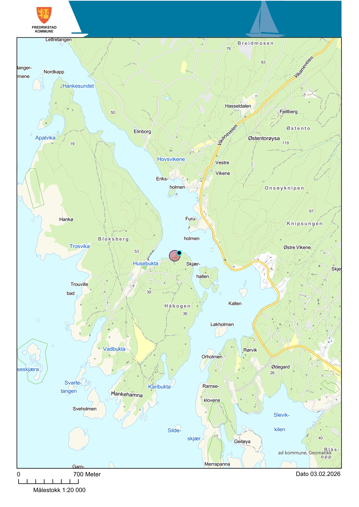 Oversiktskart over Hankøsundet med markert eiendom ved Hotellveien 2, Hankø