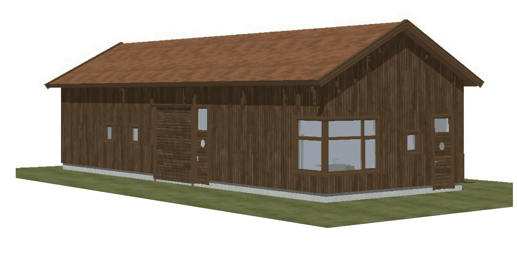 Arkitektens 3D-perspektiv av den foreslåtte driftsbygningen på Risholmen: en langstrakt bygning med mørkebrun stående trekledning, saltak og et stort hjørnevindu.