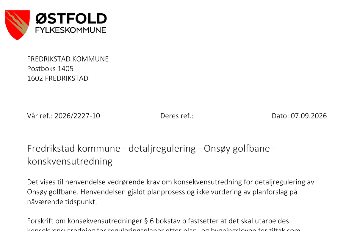 Faksimile av toppen av brevet fra Østfold fylkeskommune til Fredrikstad kommune om konsekvensutredning for detaljregulering av Onsøy golfbane, datert 7. september 2026.